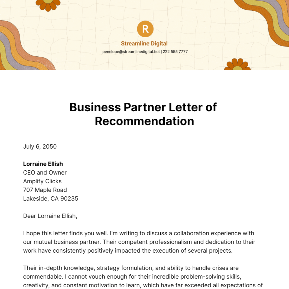 Business Partner Letter of Recommendation Template