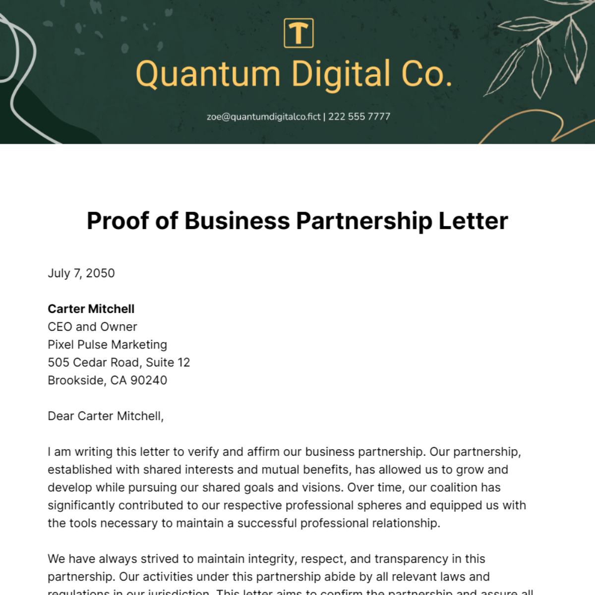 Proof of Business Partnership Letter Template