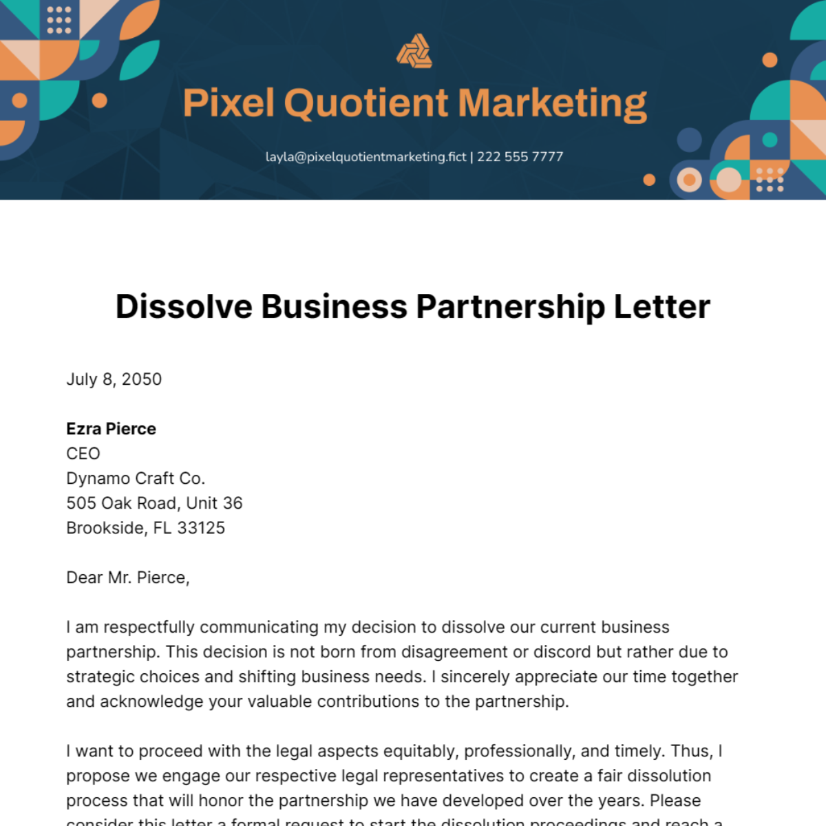 Dissolve Business Partnership Letter Template