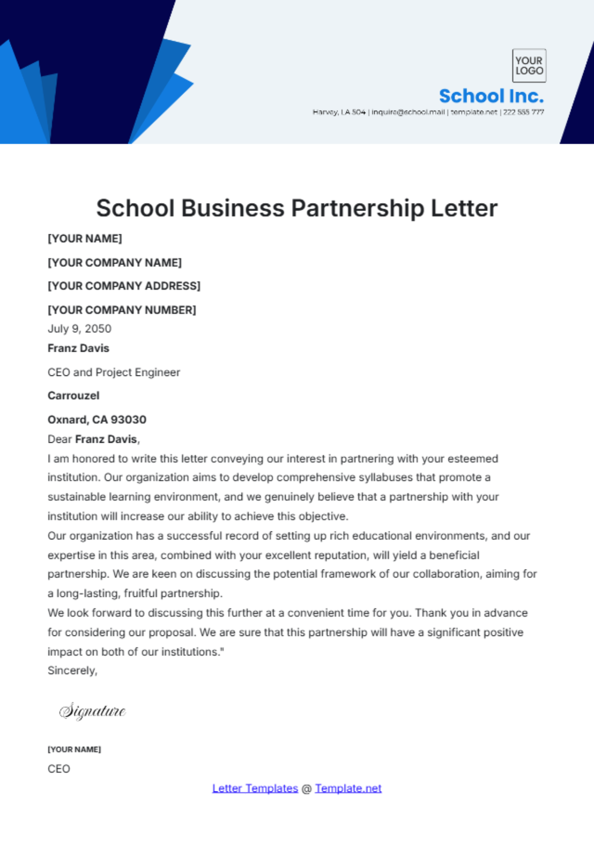 School Business Partnership Letter Template