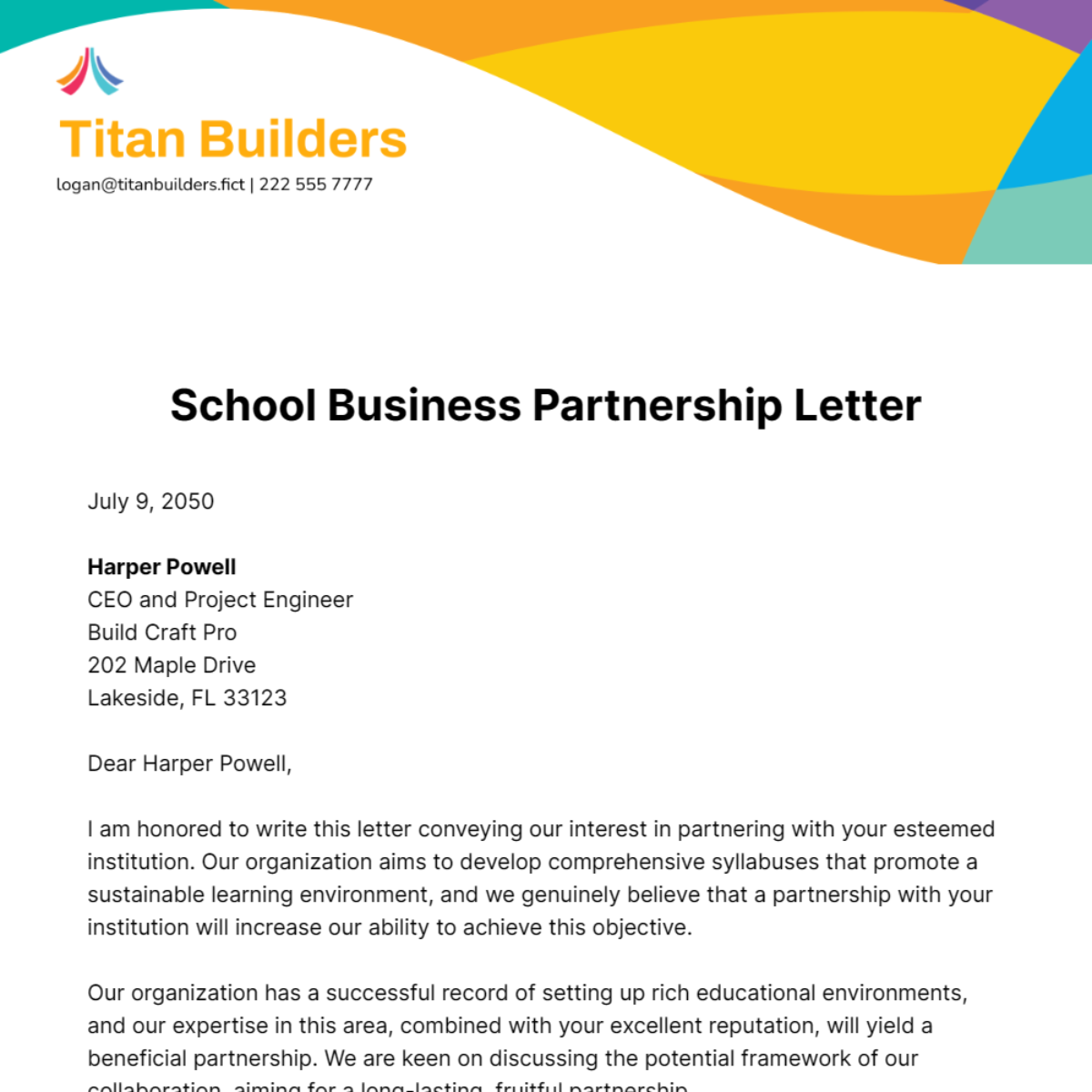 School Business Partnership Letter Template