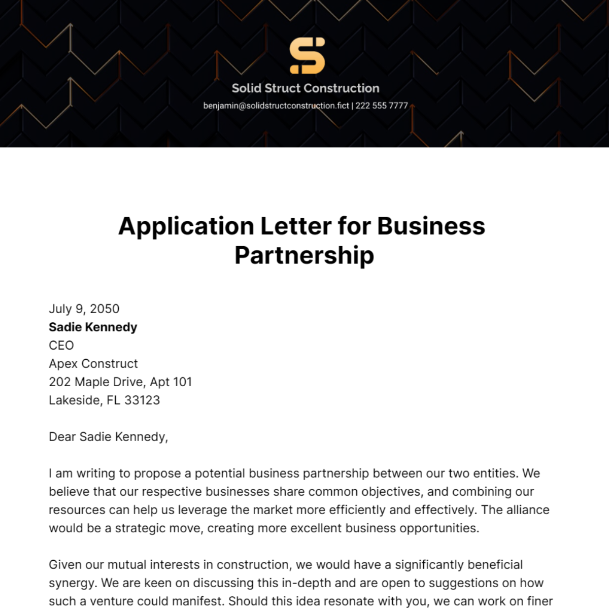 Free Application Letter for Business Partnership Template