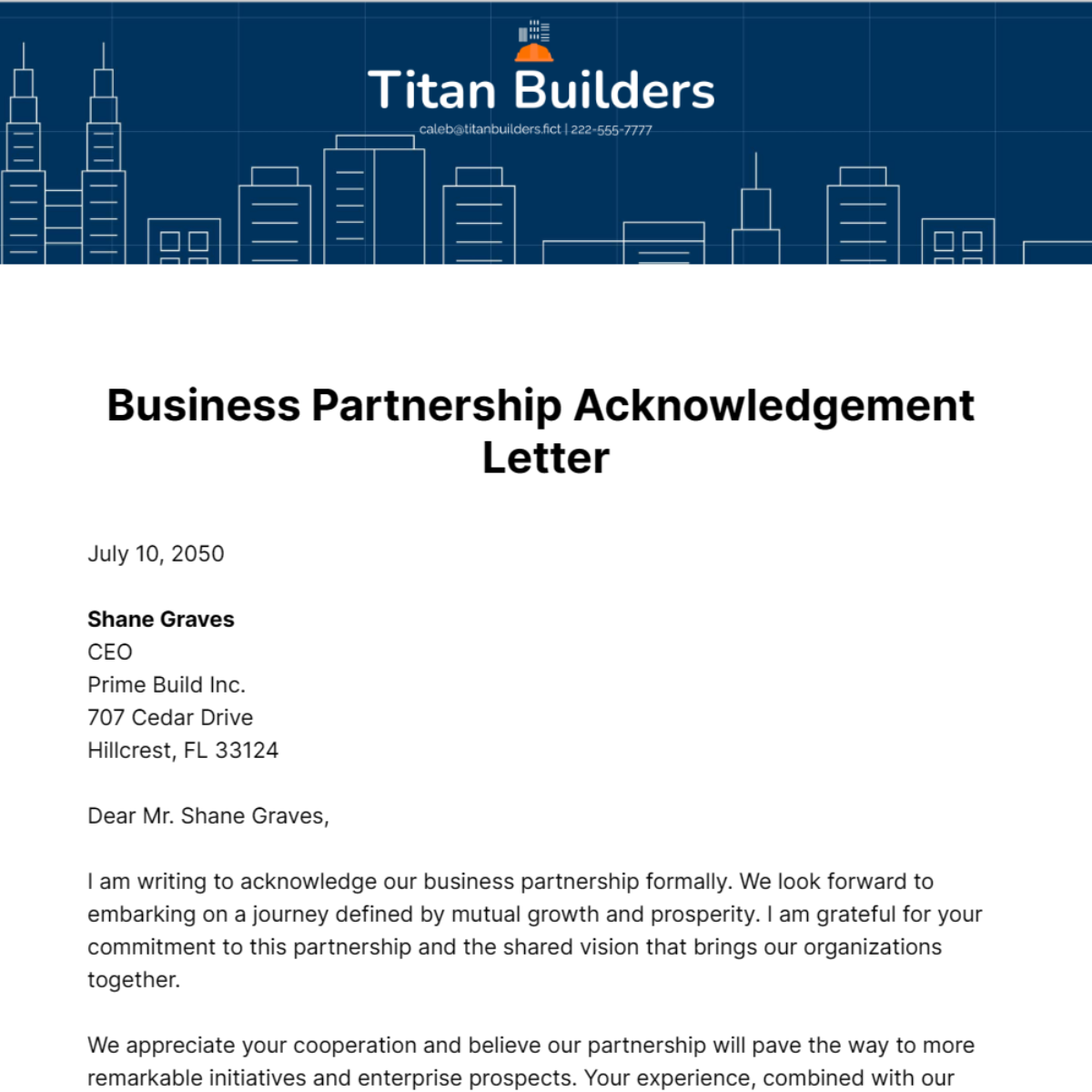 Free Business Partnership Acknowledgement Letter Template