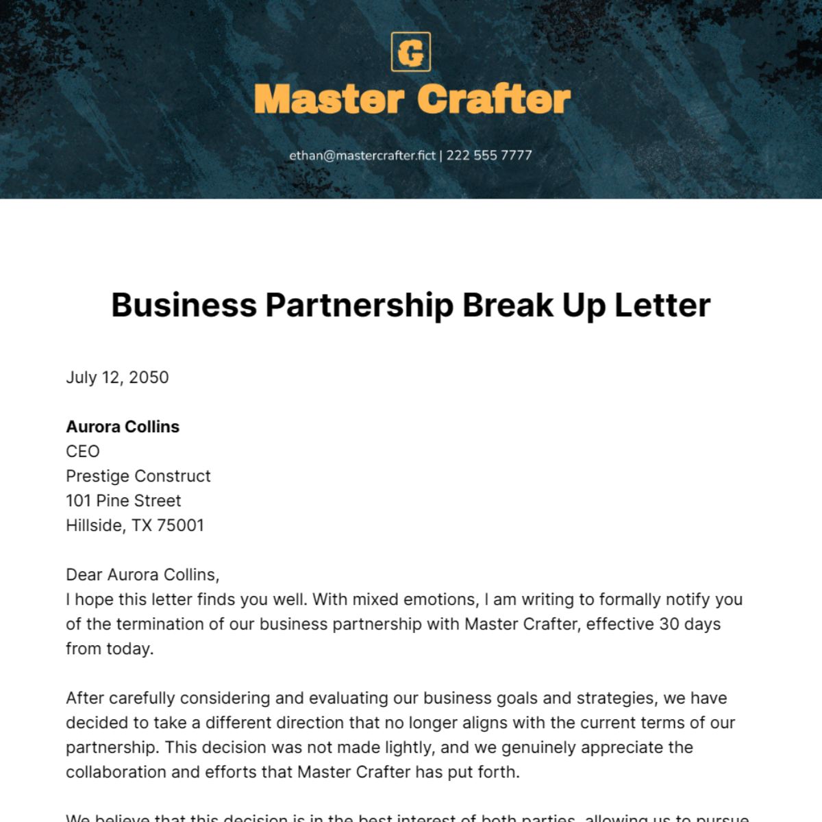 Business Partnership Break up Letter Template