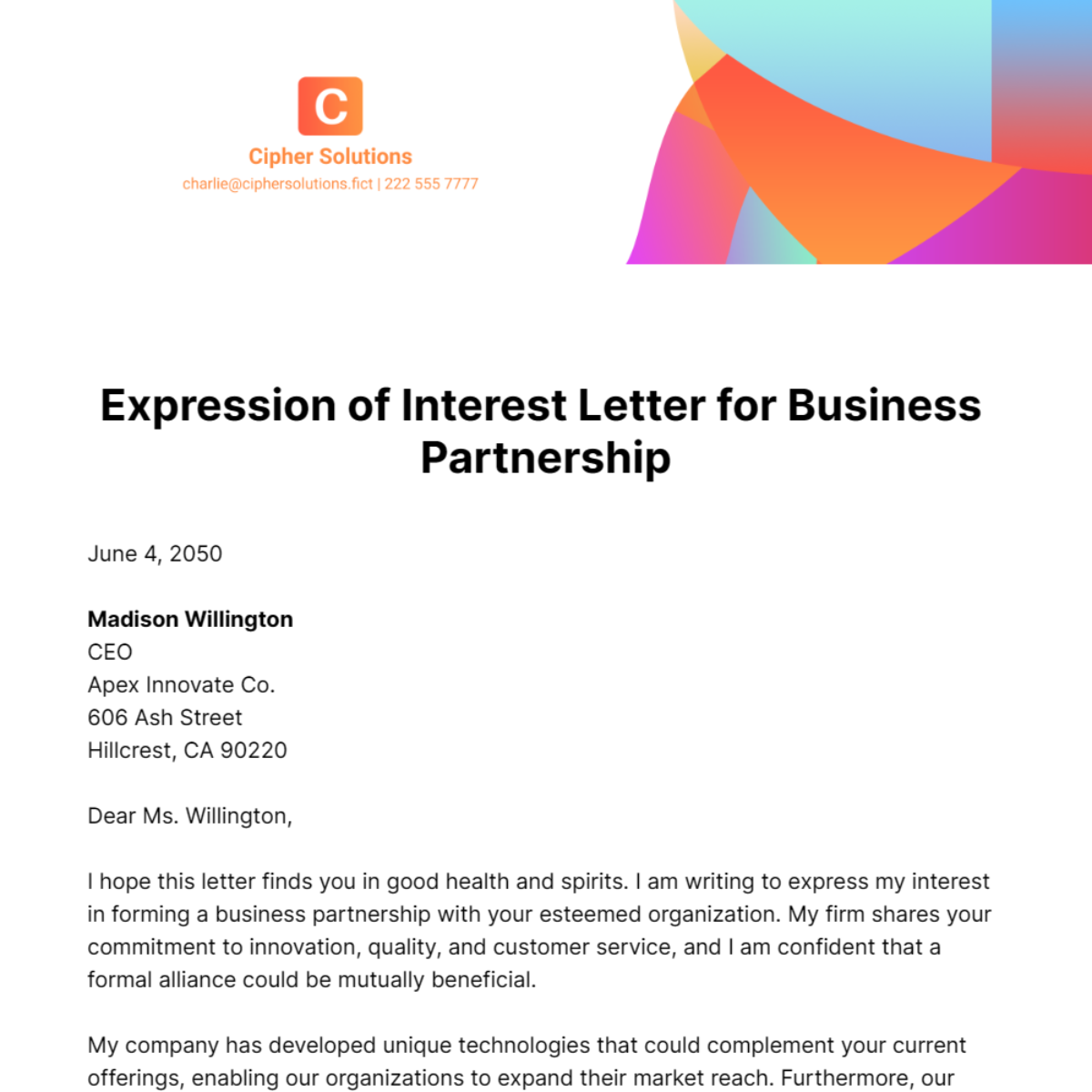 Expression of Interest Letter for Business Partnership Template