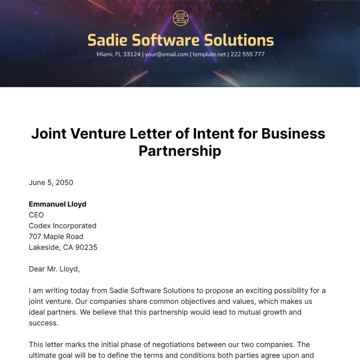Joint Venture Letter of Intent for Business Partnership Template