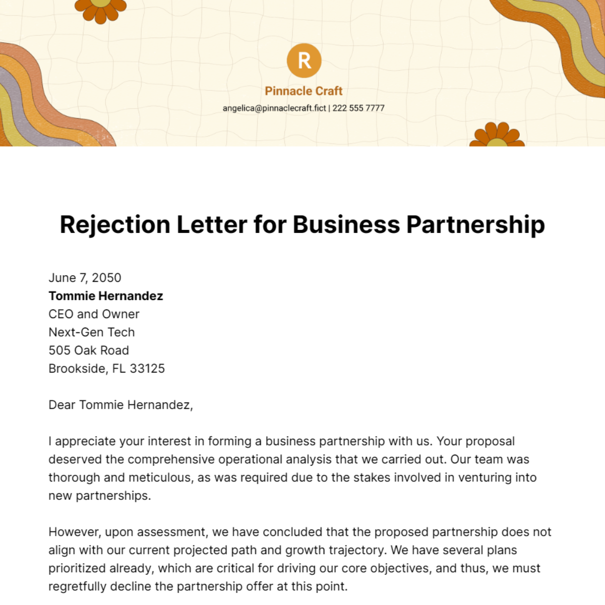 Rejection Letter for Business Partnership Template