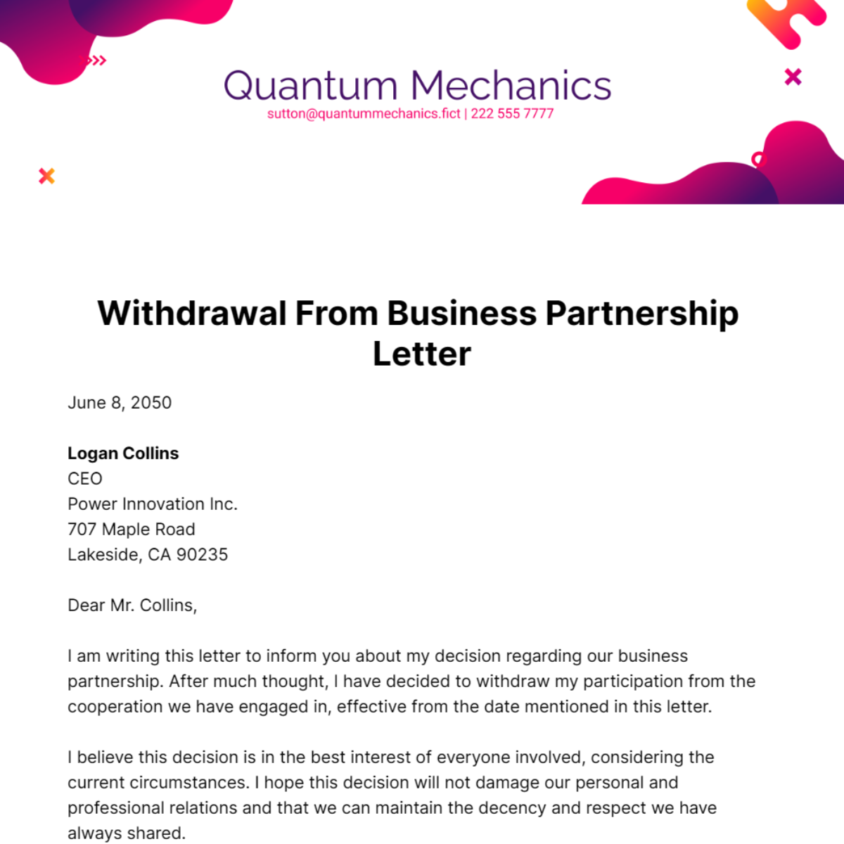 Free Withdrawal From Business Partnership Letter Template
