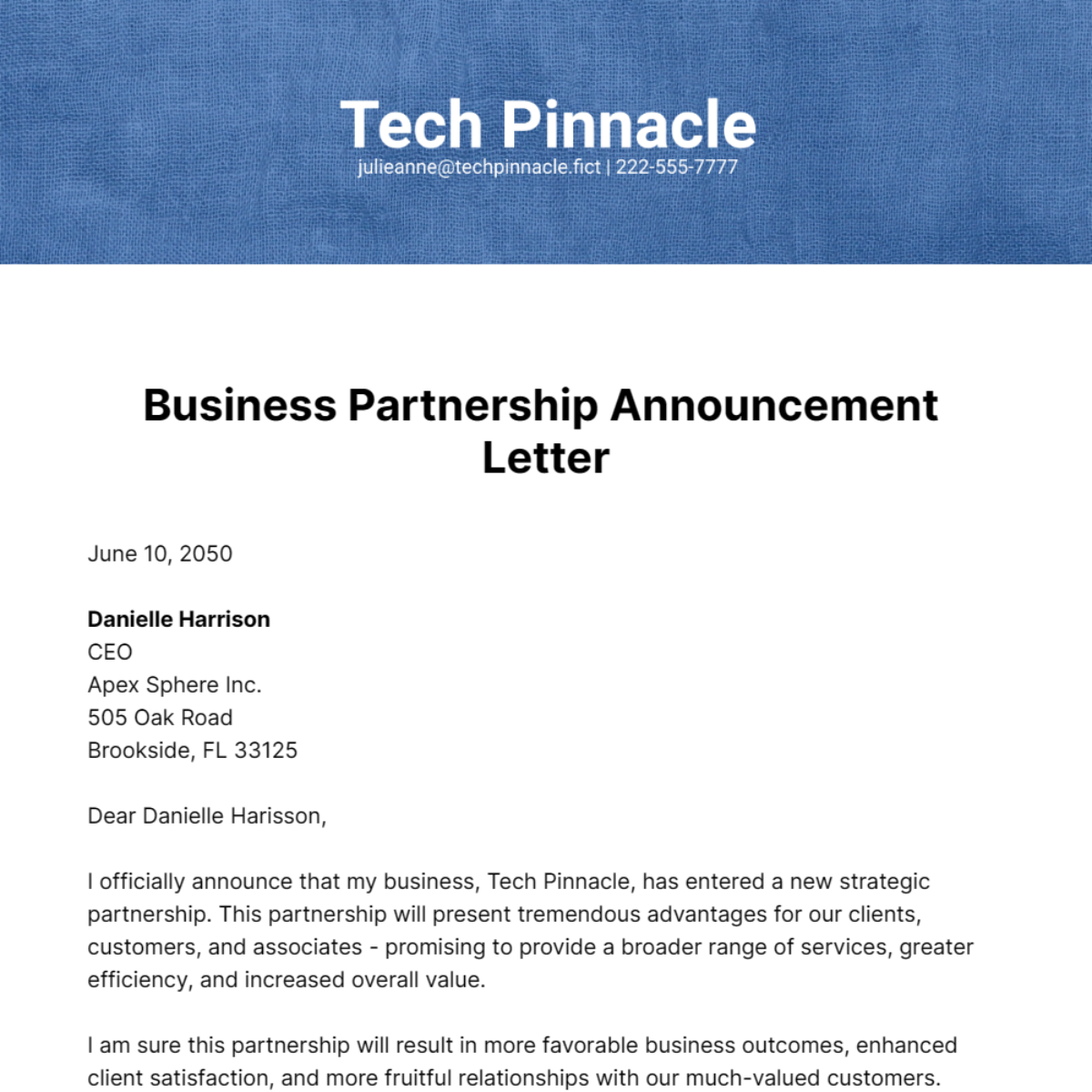 Business Partnership Announcement Letter Template