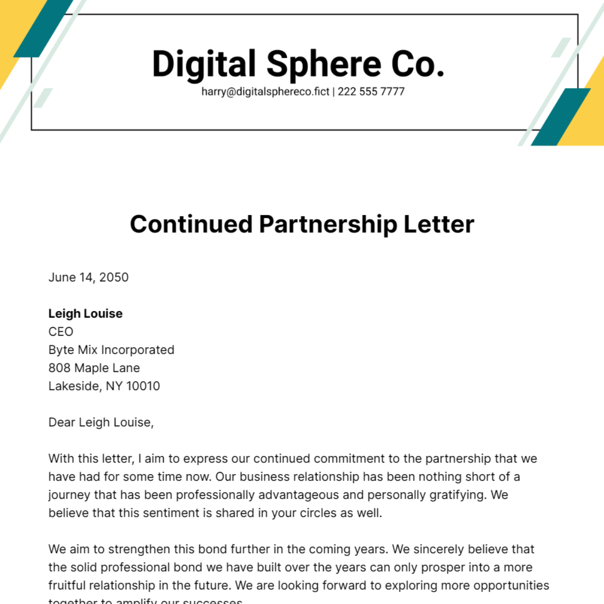 Free Continued Partnership Letter Template