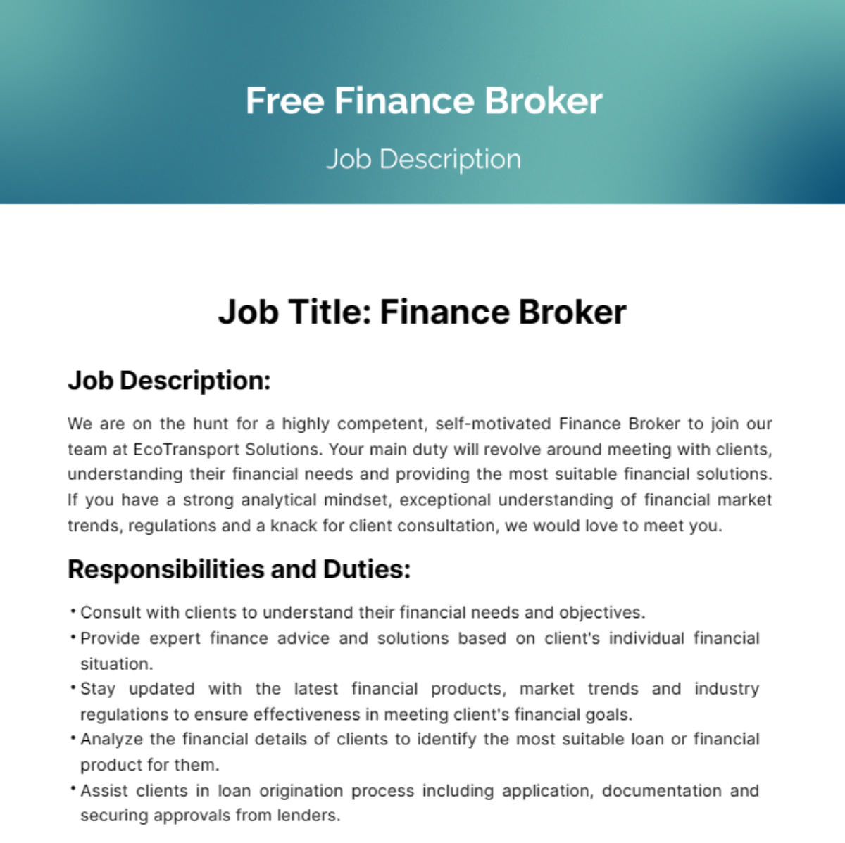 Finance Broker Job Description Template
