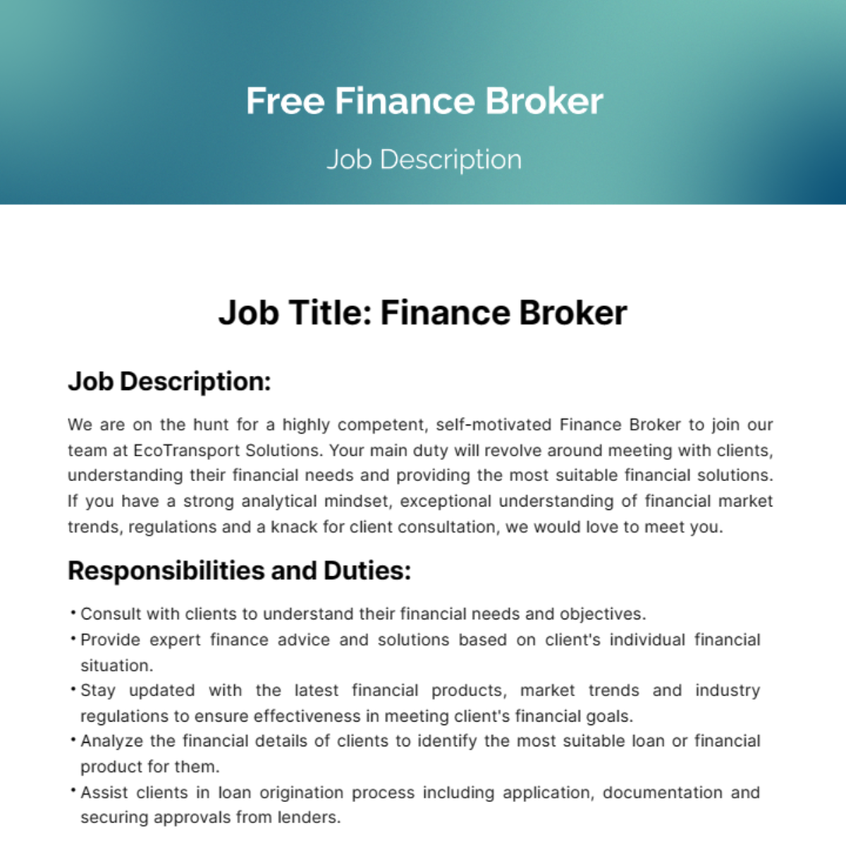 Finance Broker Job Description Template Edit Online Download 