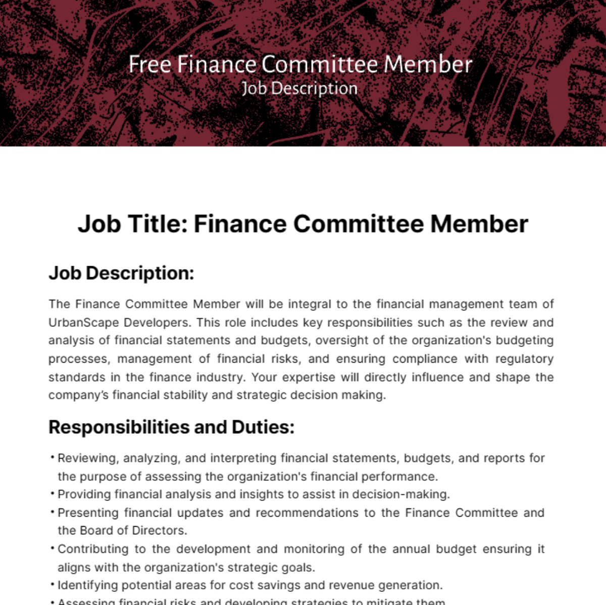 Finance Committee Member Job Description Template