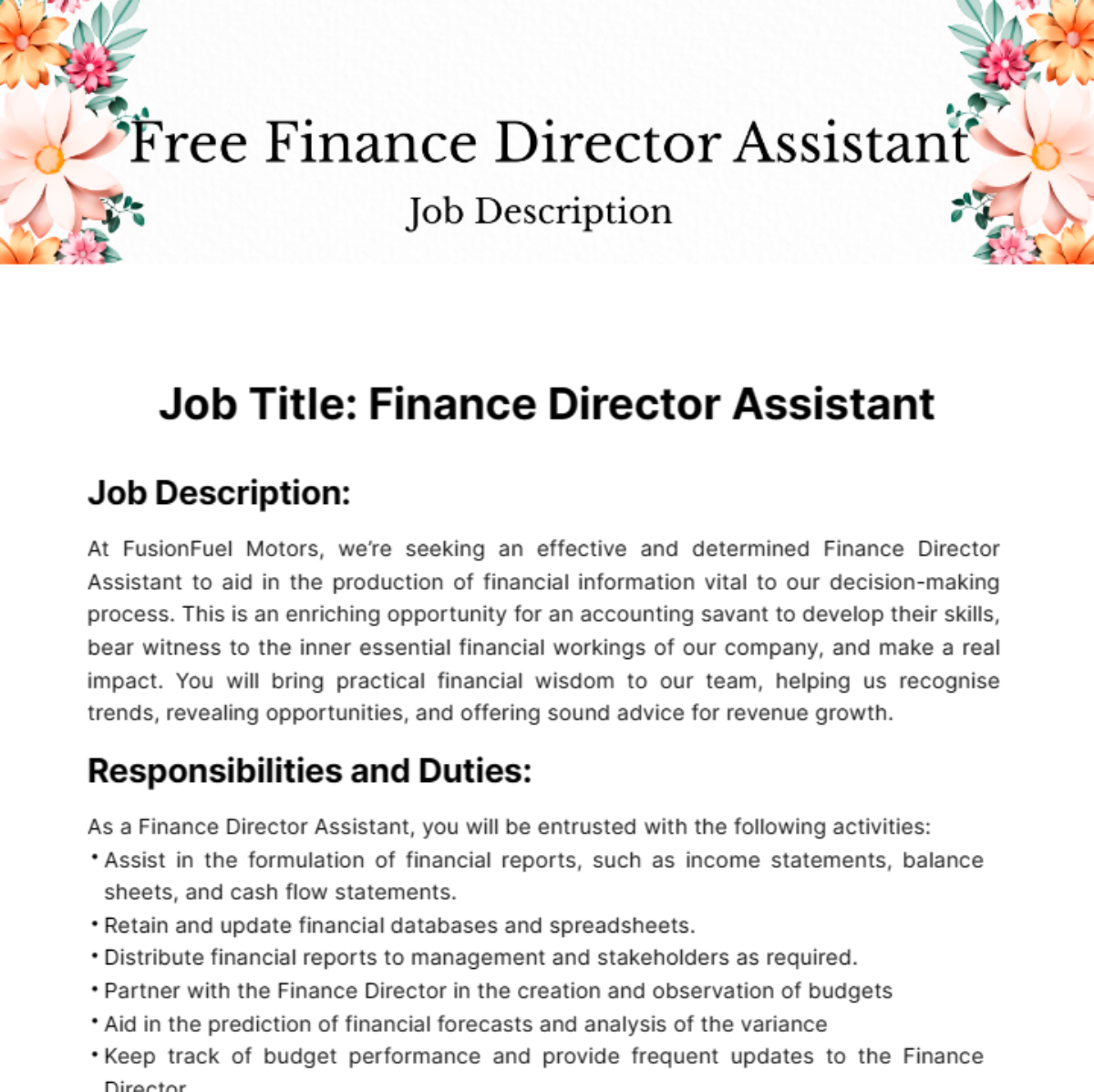 Finance Director Assistant Job Description Template
