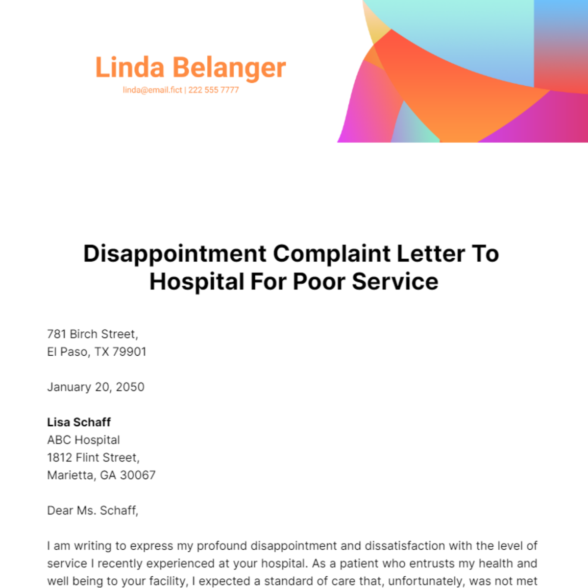 Disappointment Complaint Letter to Hospital for Poor Service Template
