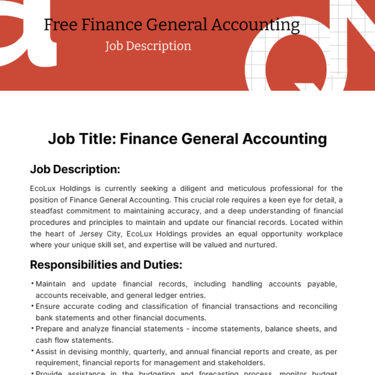 Finance General Accounting Job Description Template
