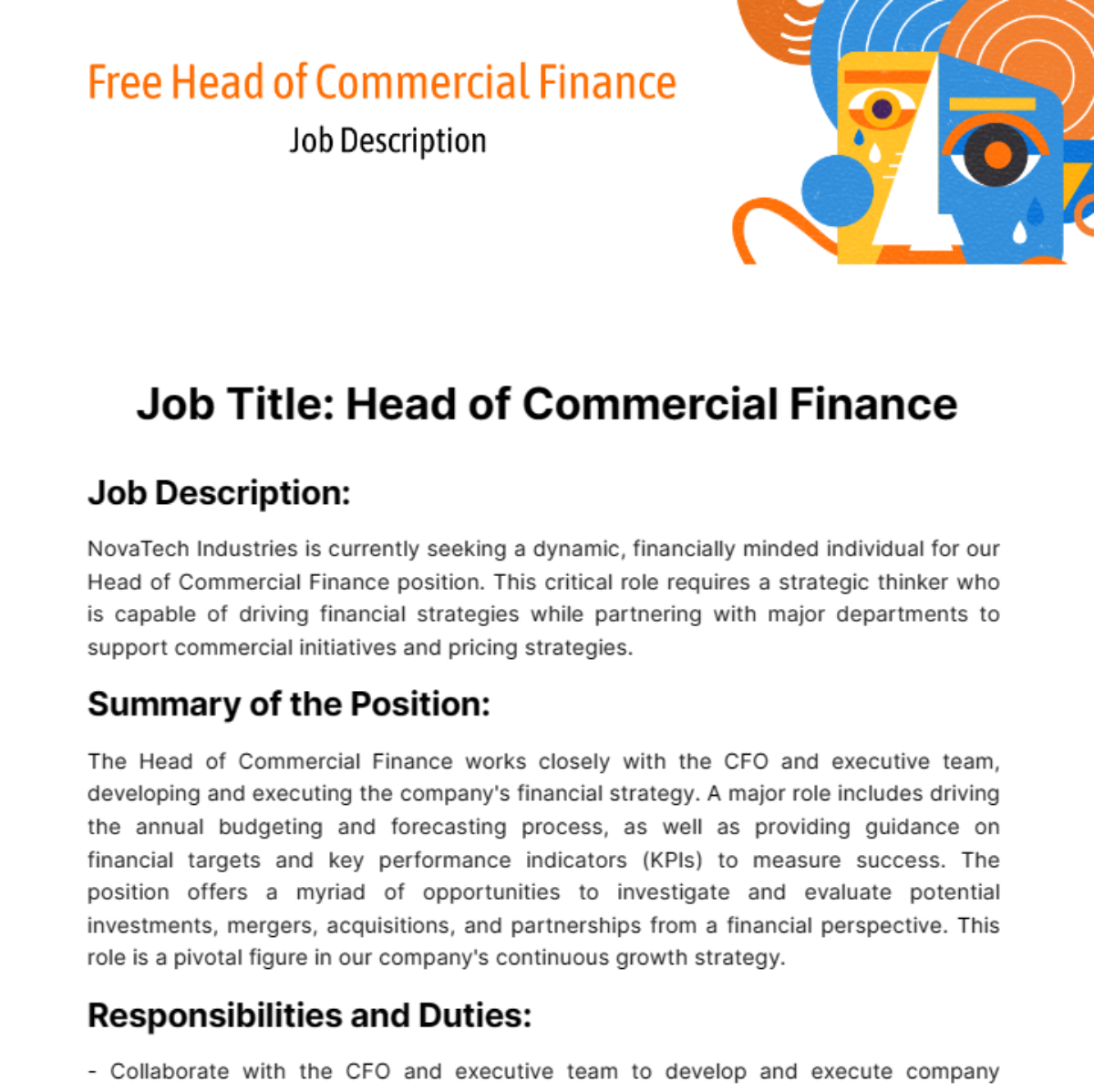 Head of Commercial Finance Job Description Template