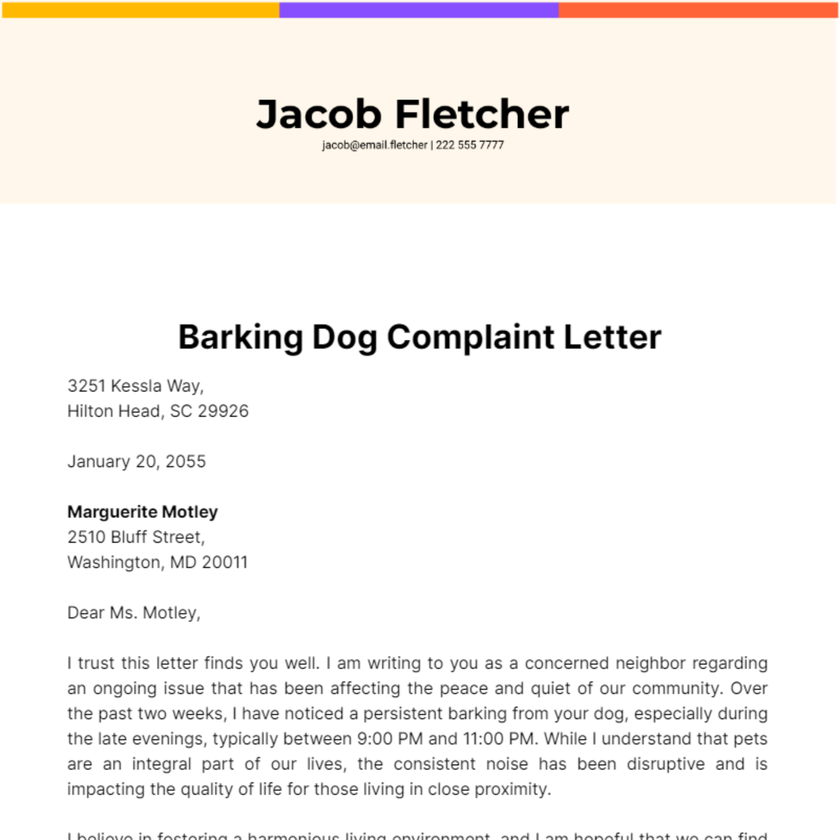 Barking Dog Complaint Letter Template