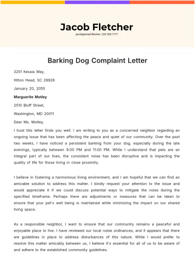 Free Barking Dog Complaint Letter Template to Edit Online