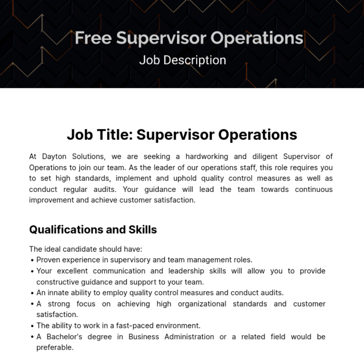 Supervisor Operations Job Description Template