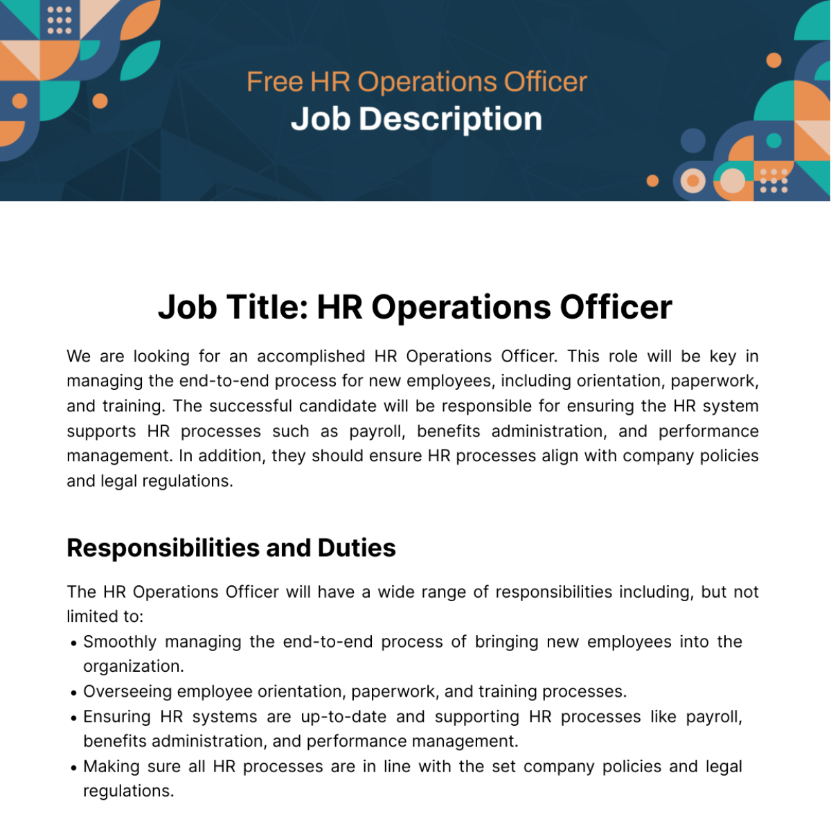 Free Human Resources Operations Job Description Template