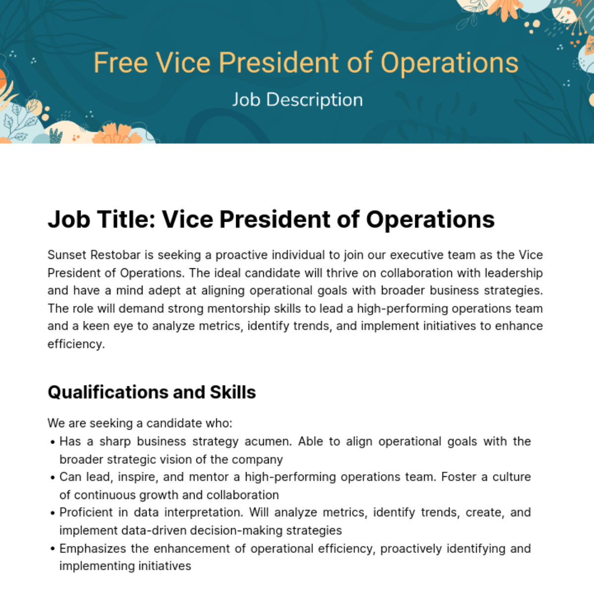 Vice President of Operations Job Description Template
