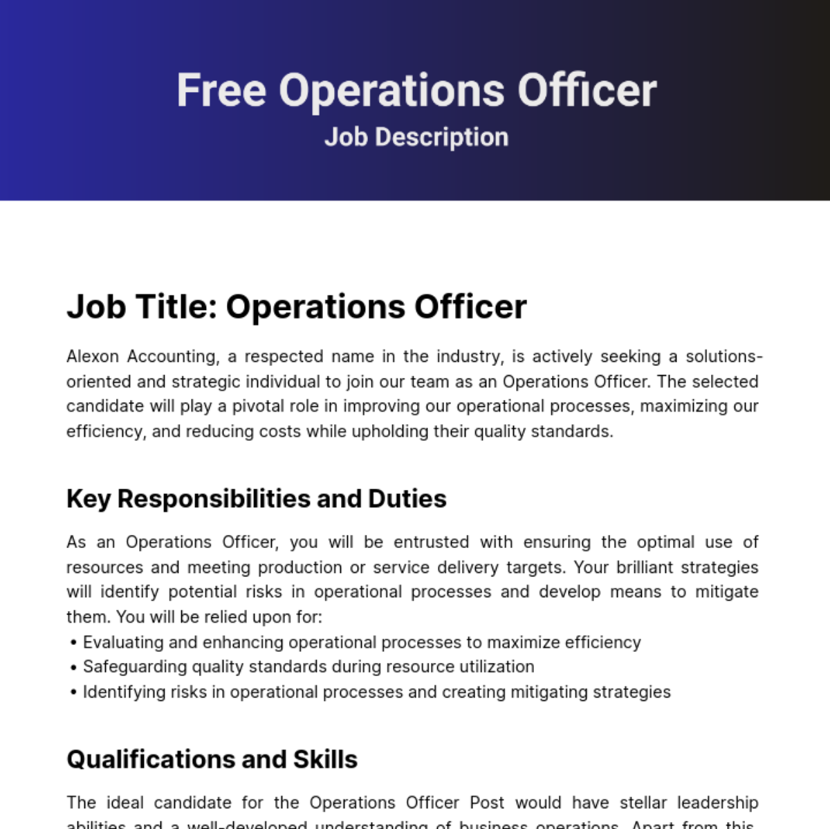 Operations Officer Job Description Template