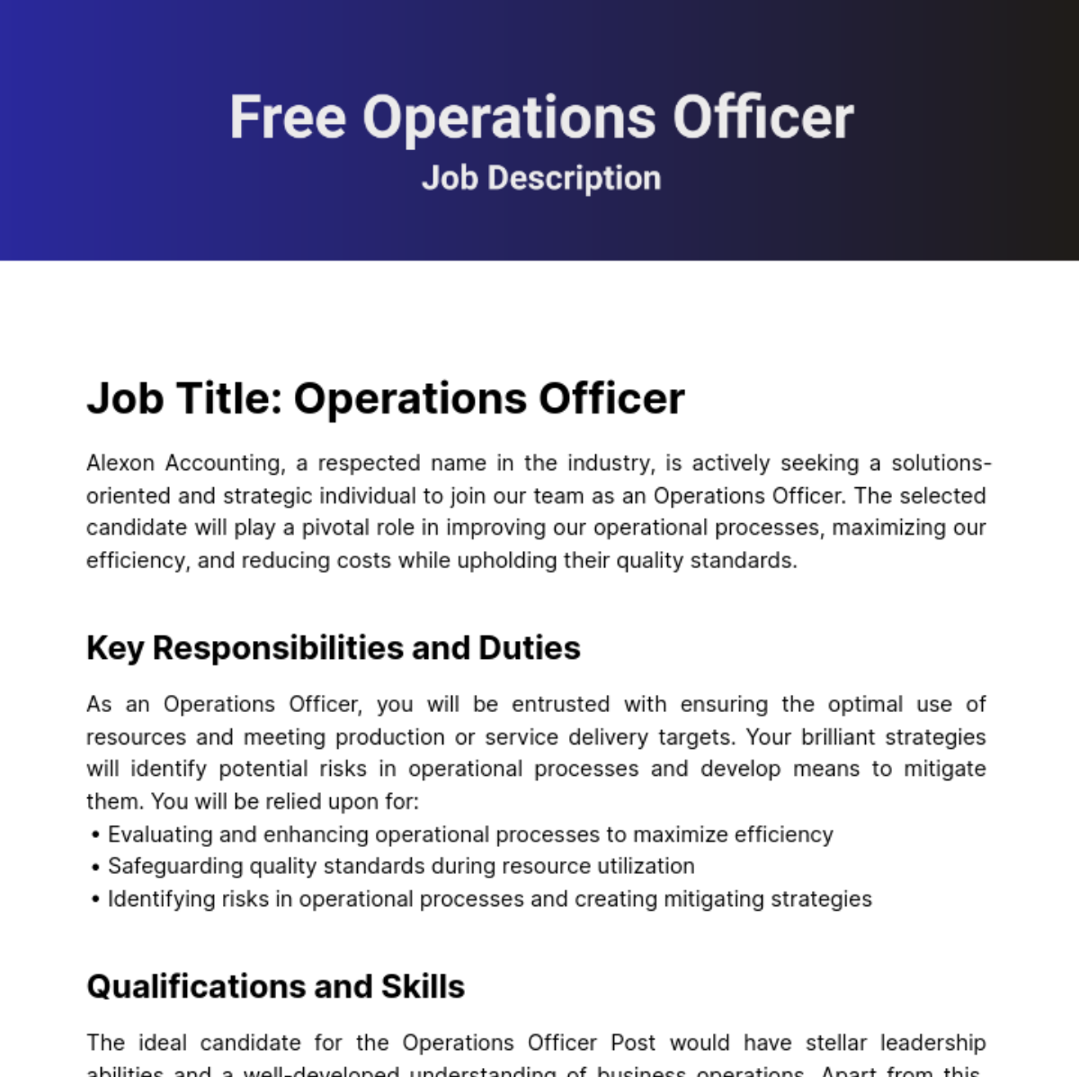 Operations Officer Job Description Template Edit Online Download 