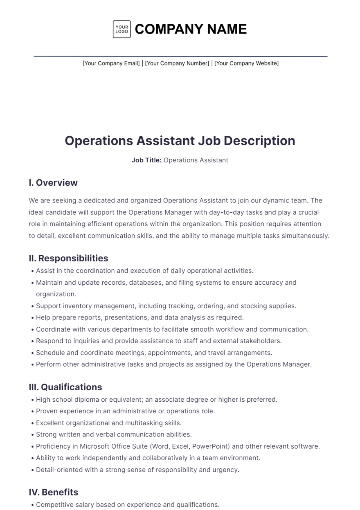 Operations Assistant Job Description Template - Edit Online & Download