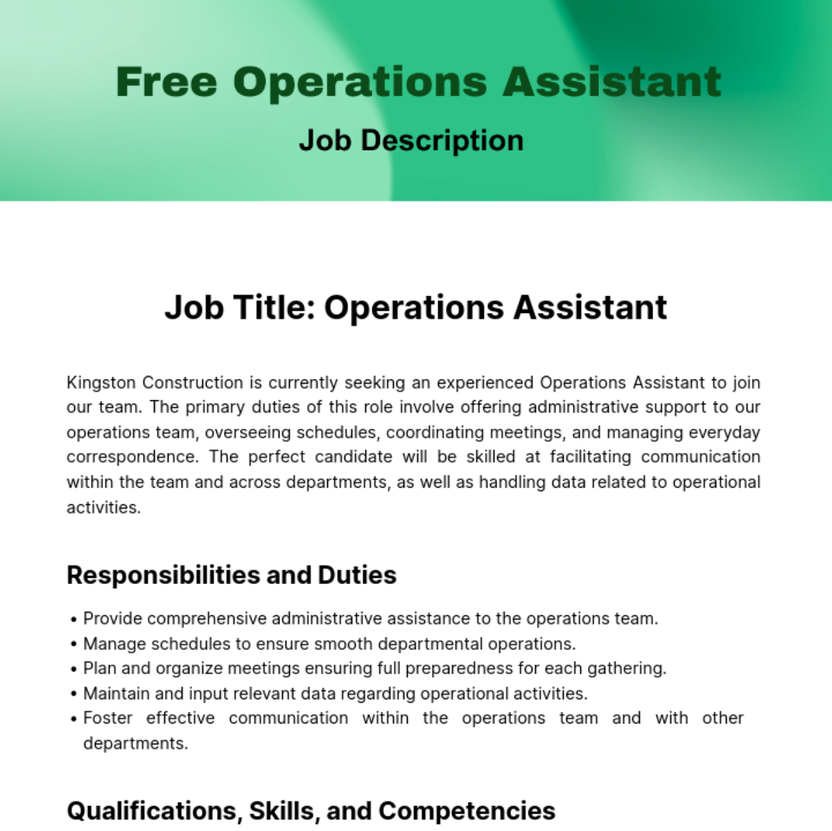 Operations Assistant Job Description Template