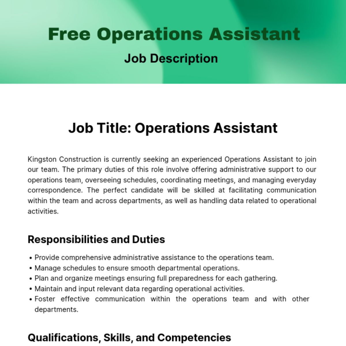 Operations Assistant Job Description Template Edit Online And Download Example 6790