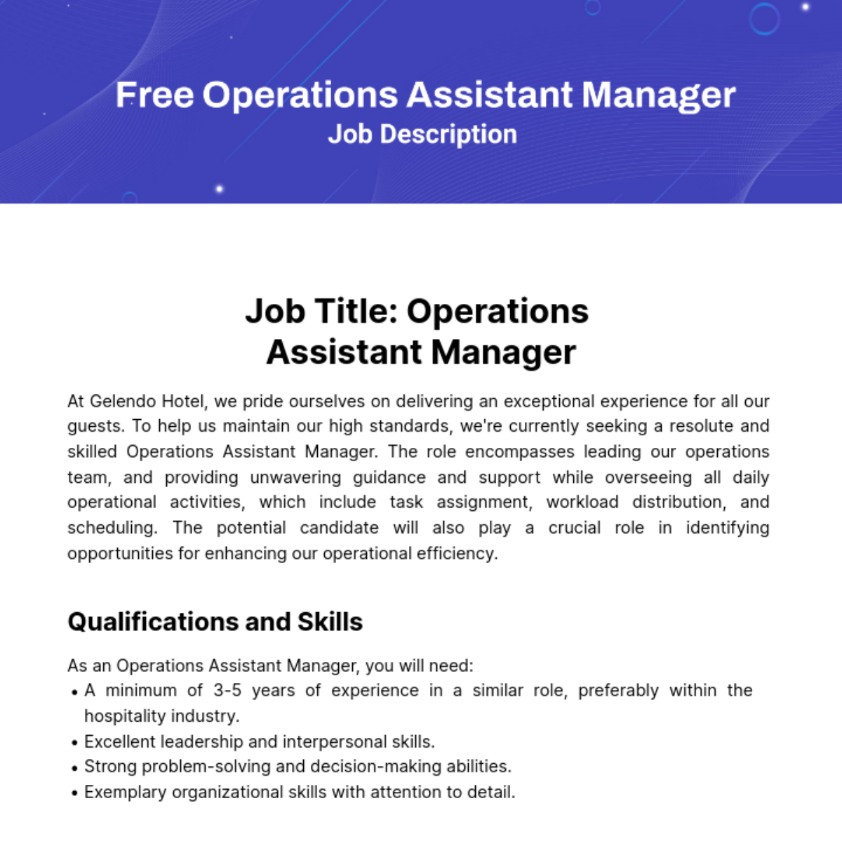 Operations Assistant Manager Job Description Template