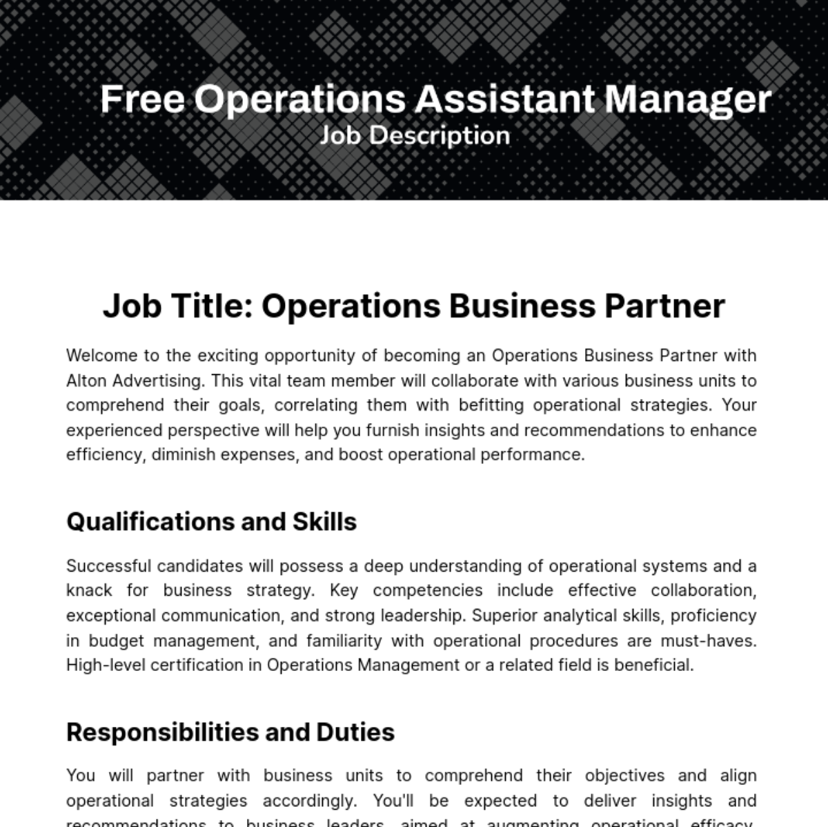 Operations Business Parter Job Description Template