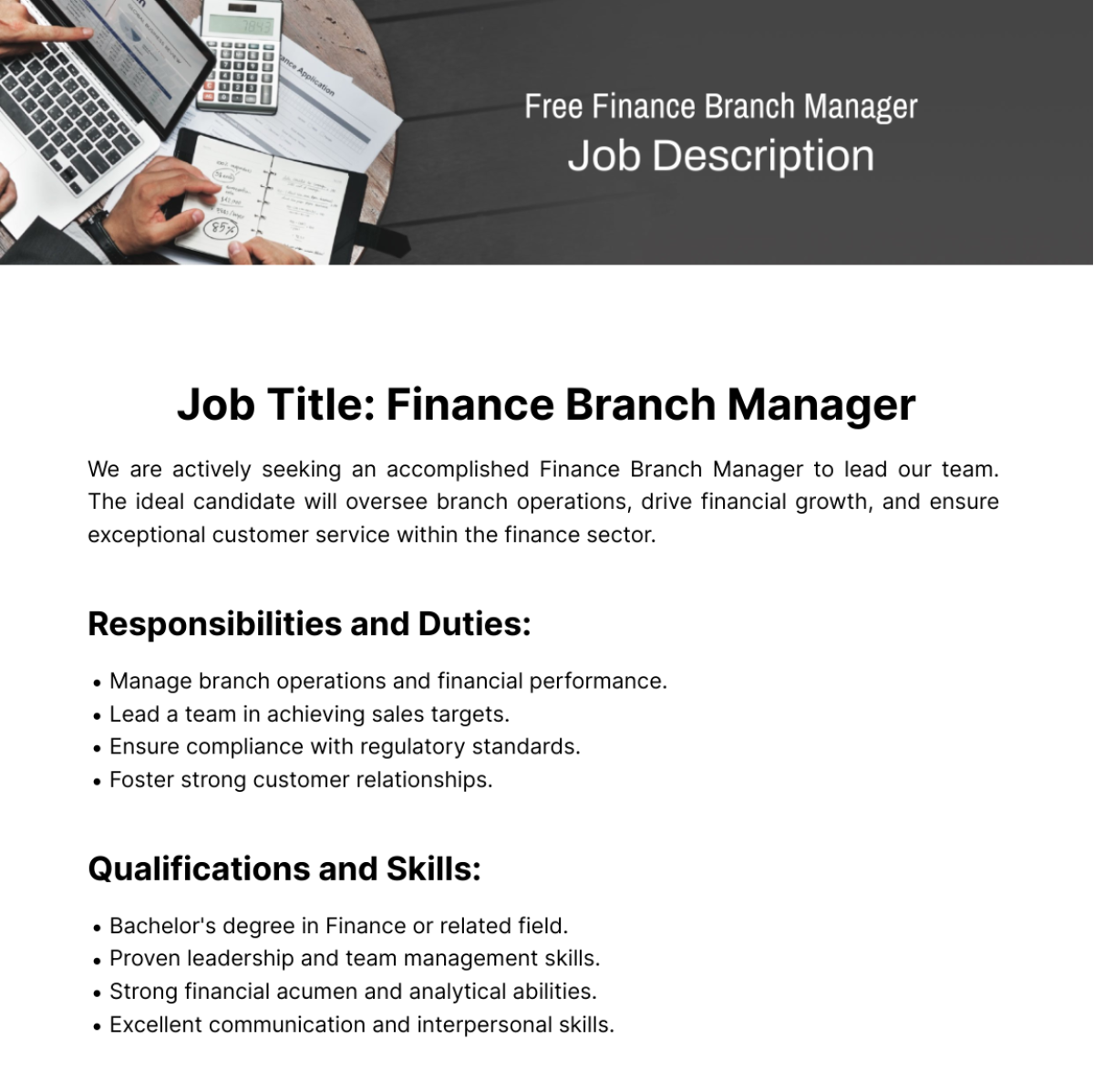Free Finance Branch Manager Job Description Template