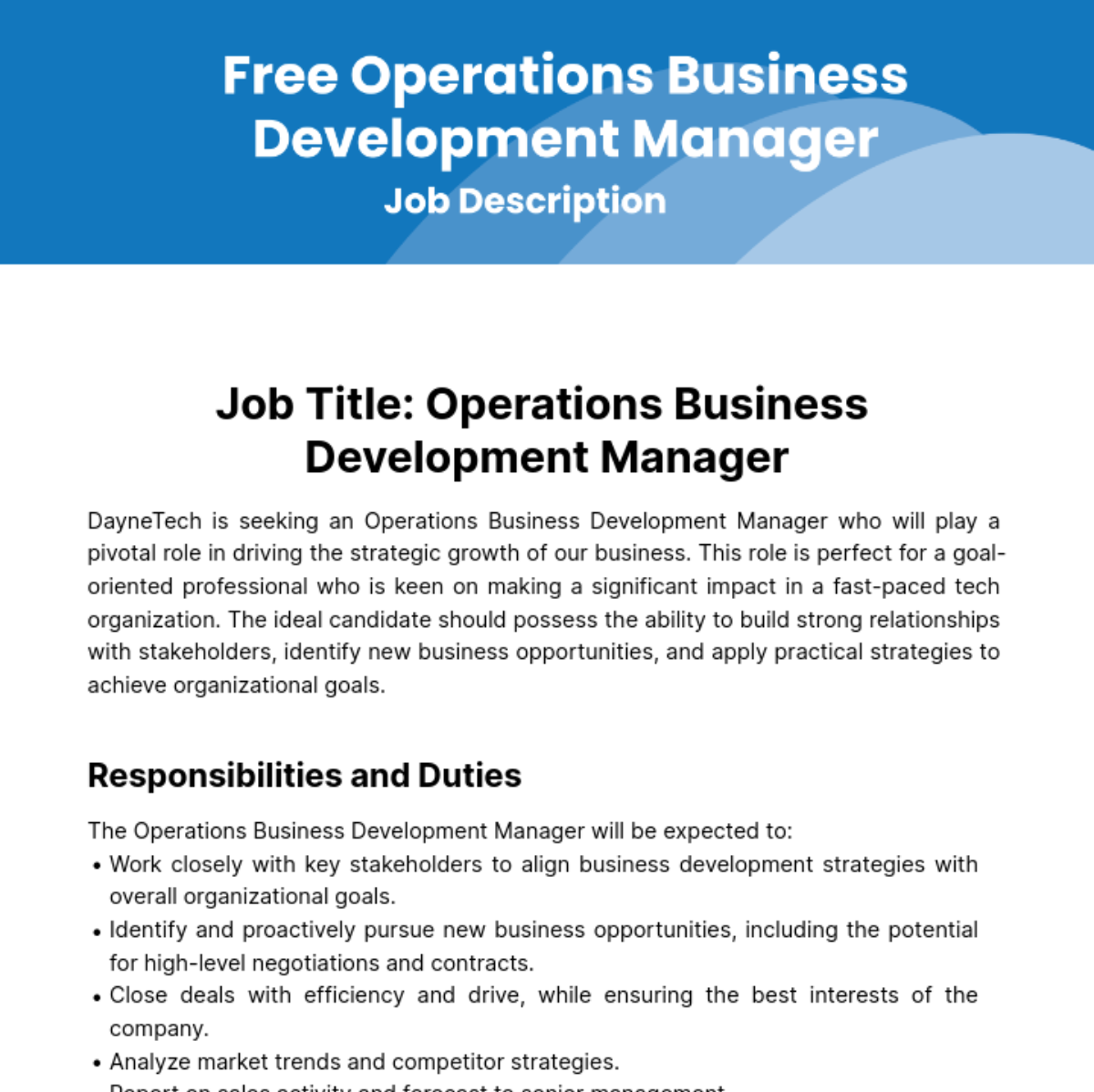 Operations Business Development Manager Job Description Template