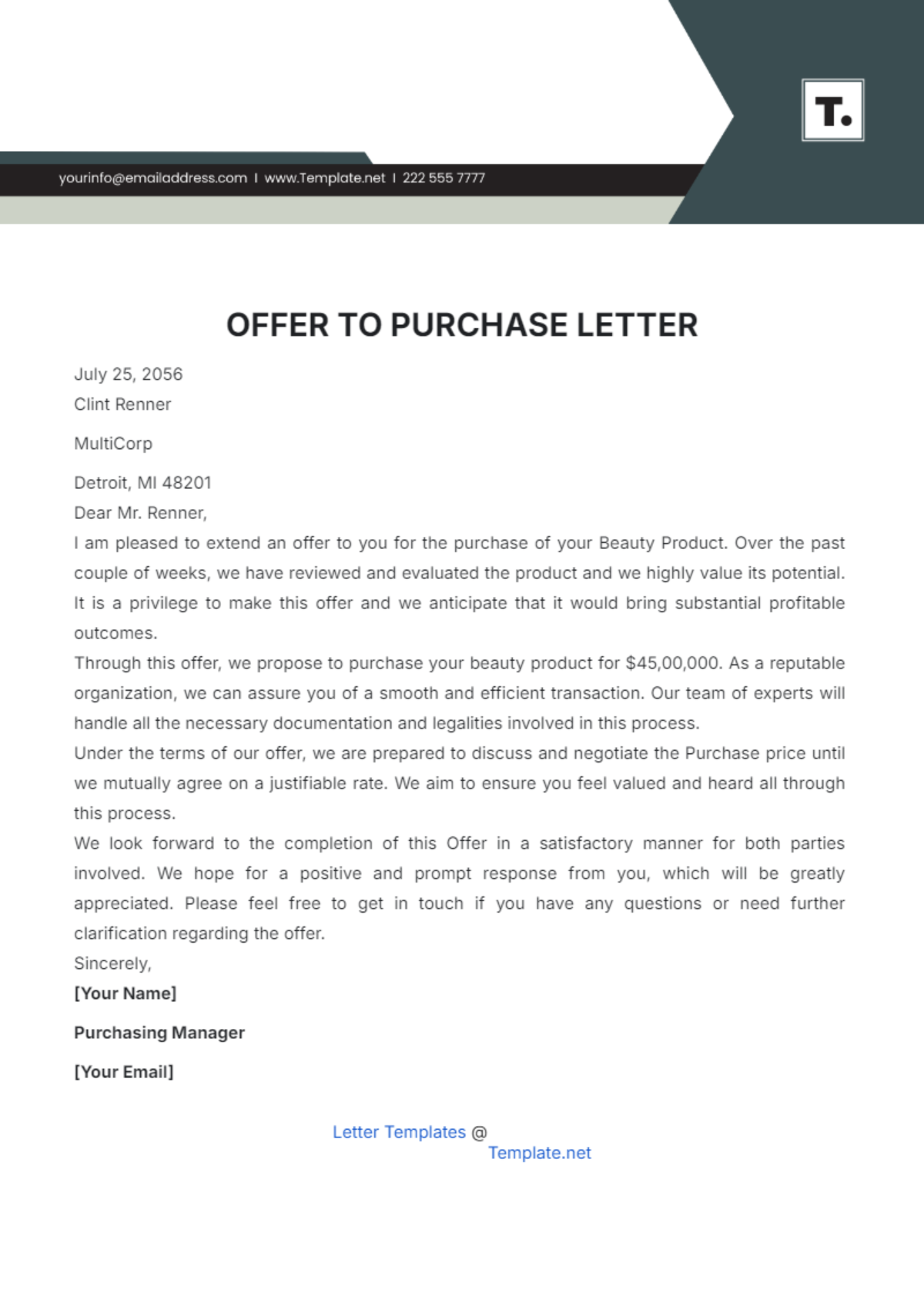 Offer to Purchase Letter Template - Edit Online & Download