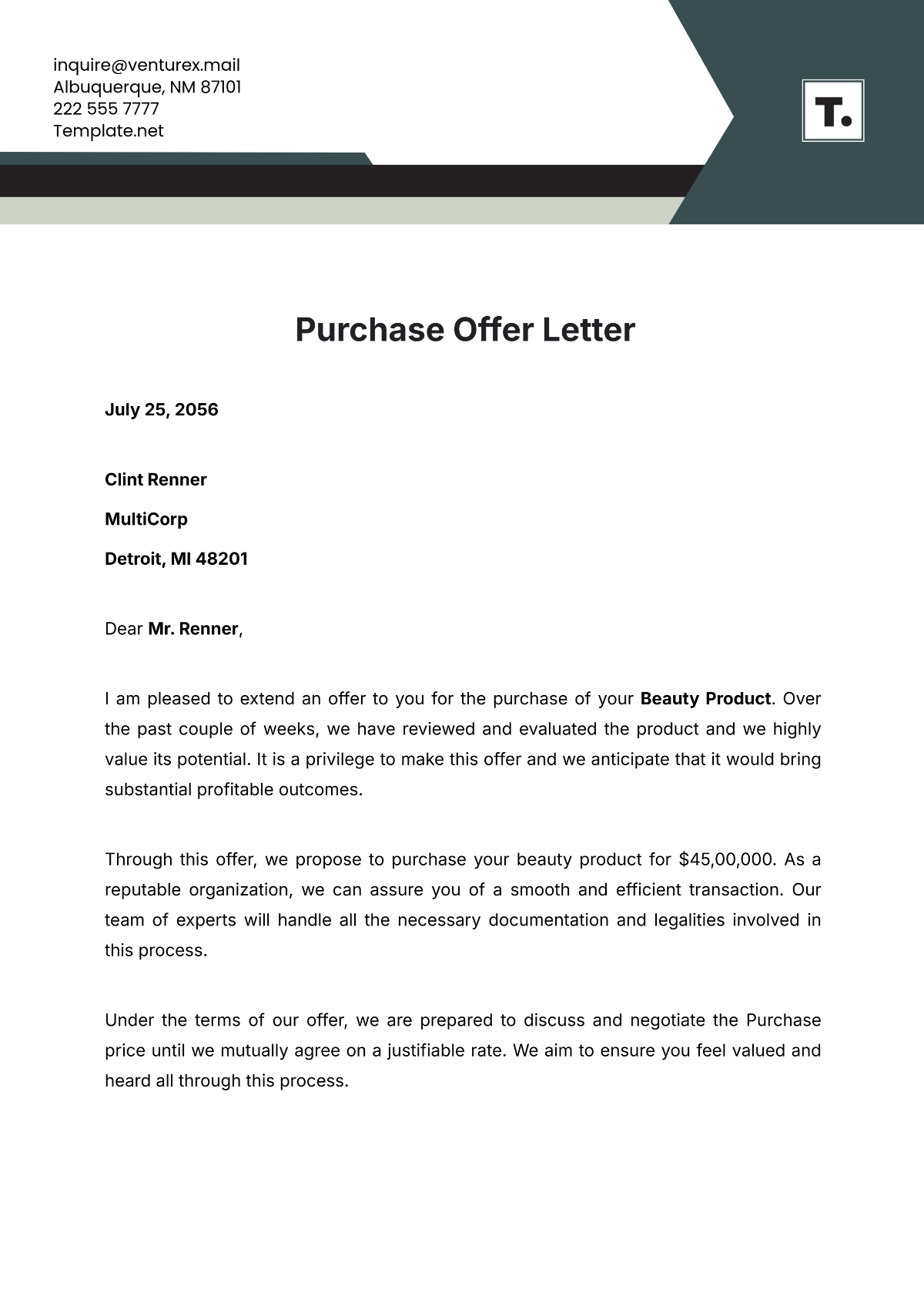 Purchase Offer Letter Template - Edit Online & Download