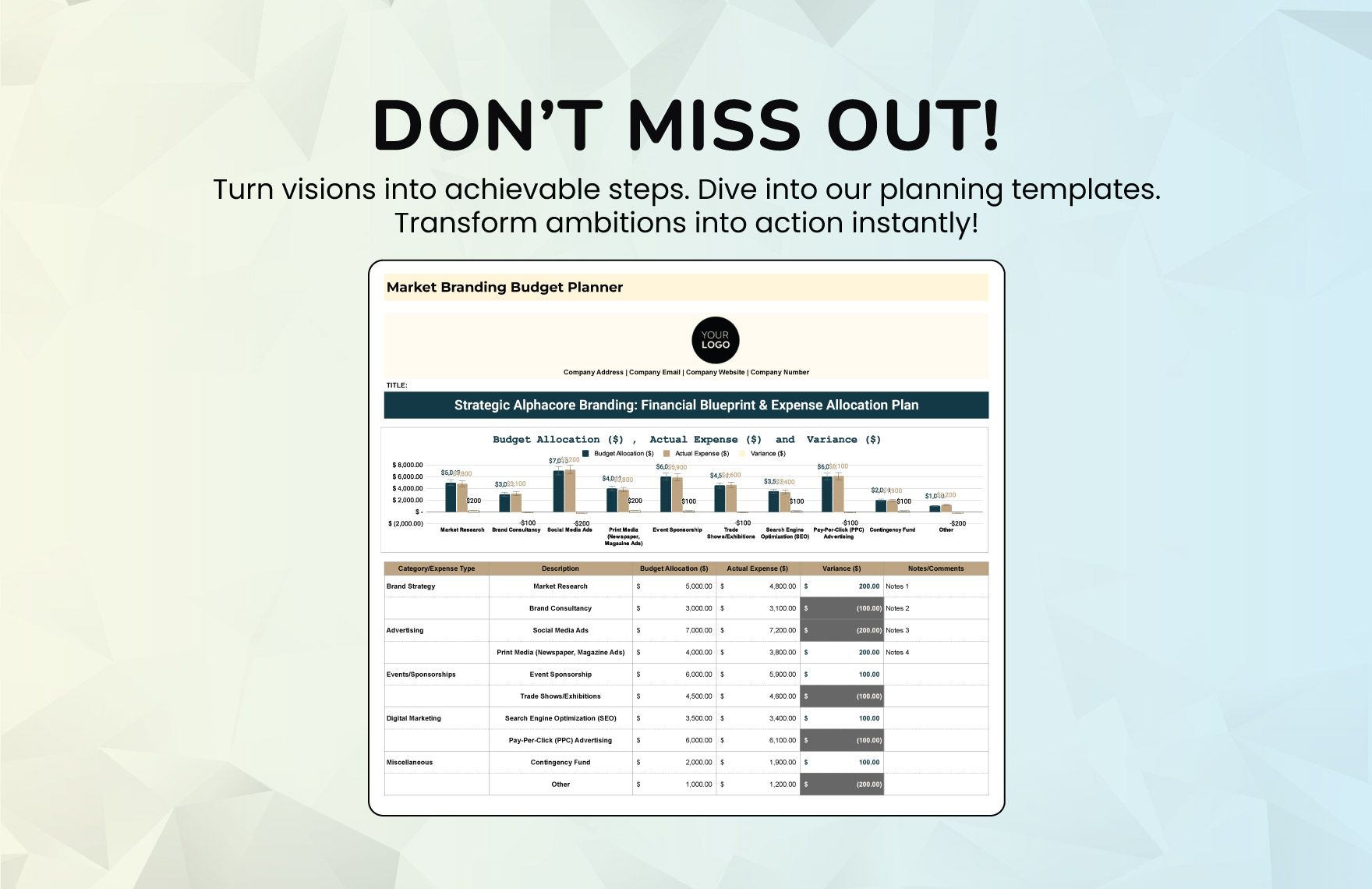 Marketing Branding Budget Planner Template