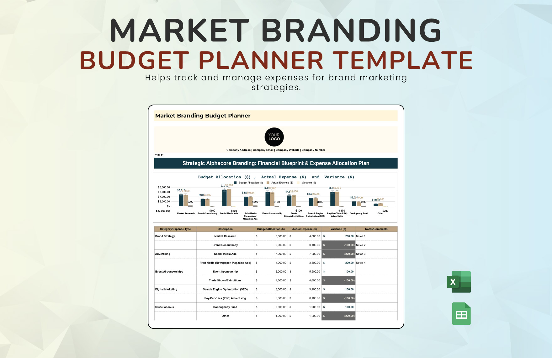 Marketing Branding Budget Planner Template in Excel, Google Sheets