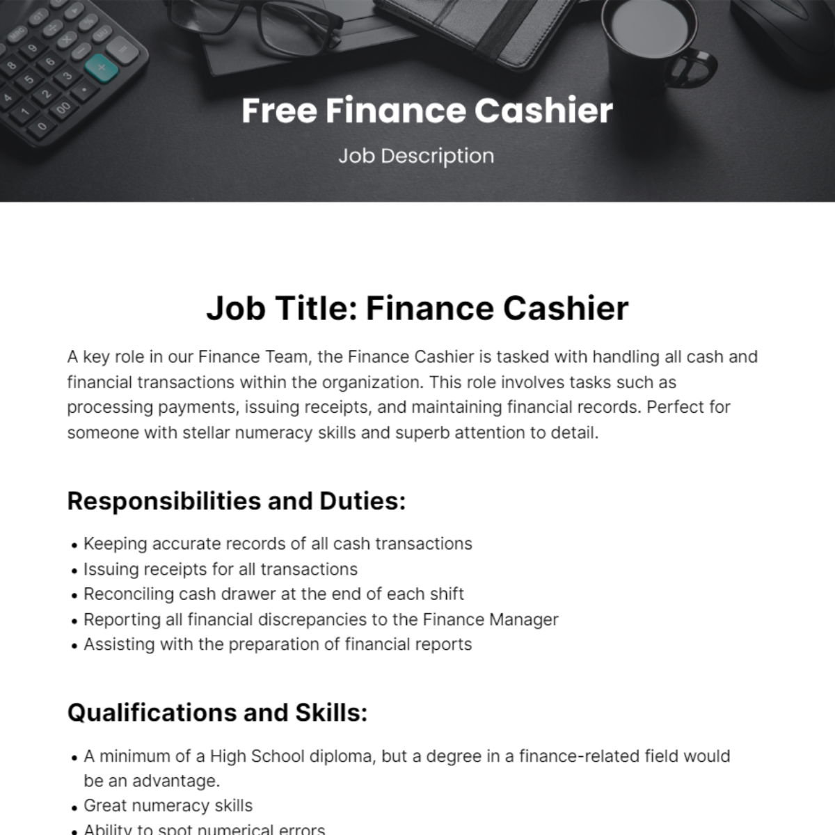 Finance Cashier Job Description Template