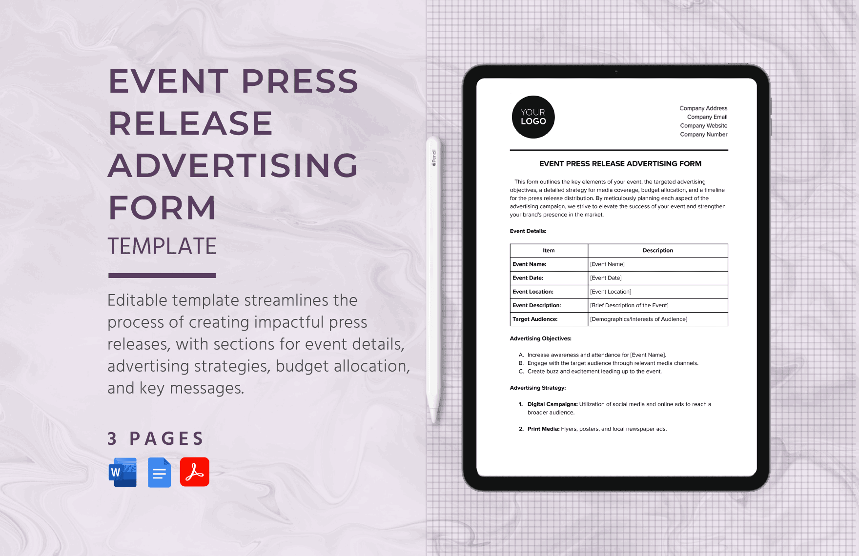 Event Press Release Advertising Form Template in Word, Google Docs, PDF