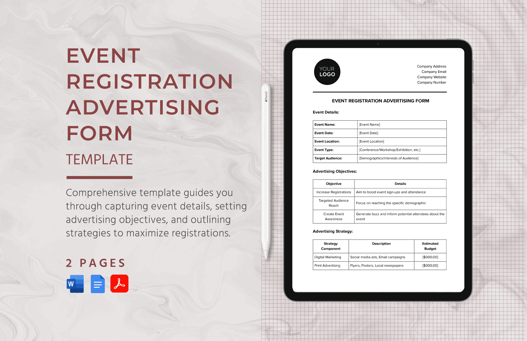 Event Registration Advertising Form Template in Word, Google Docs, PDF
