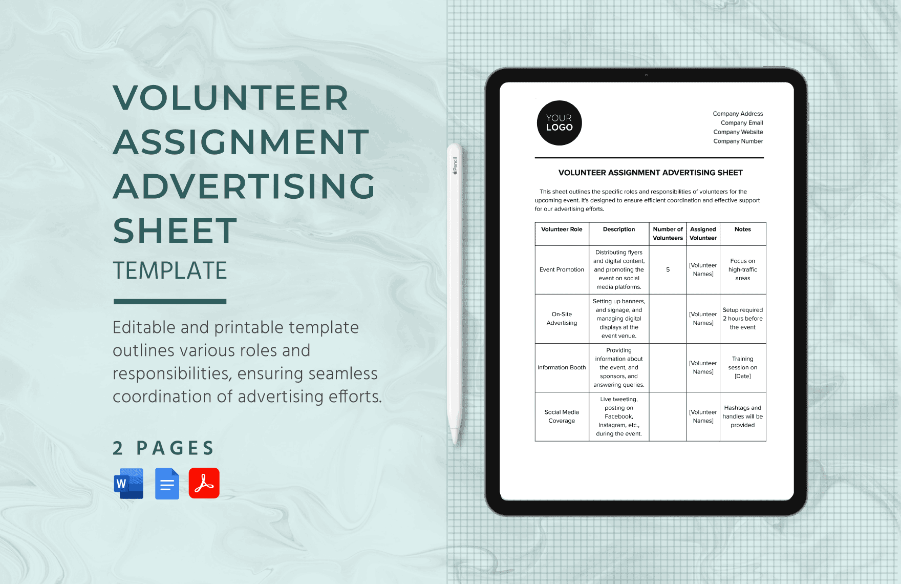 Volunteer Assignment Advertising Sheet Template