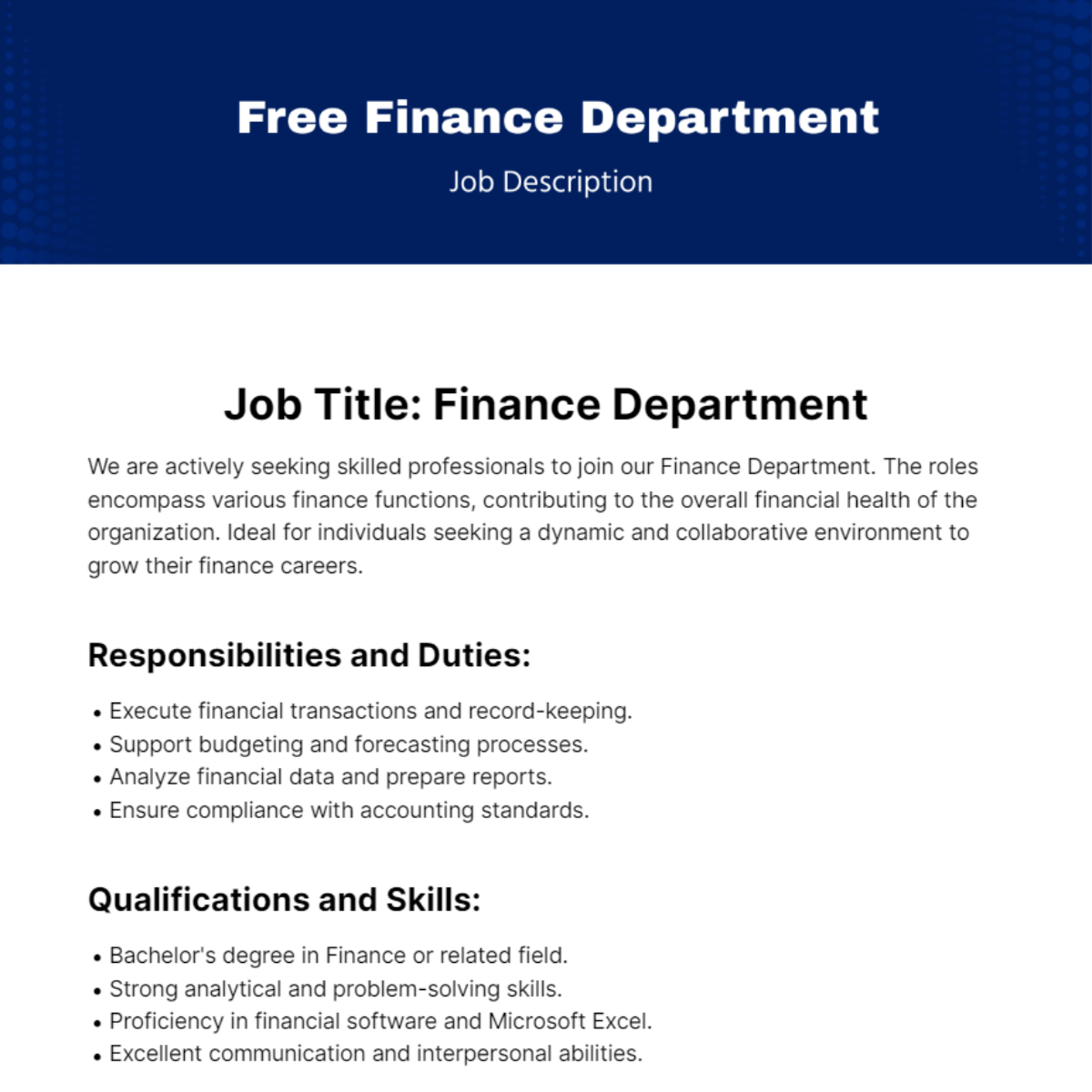 Finance Department Job Description Template