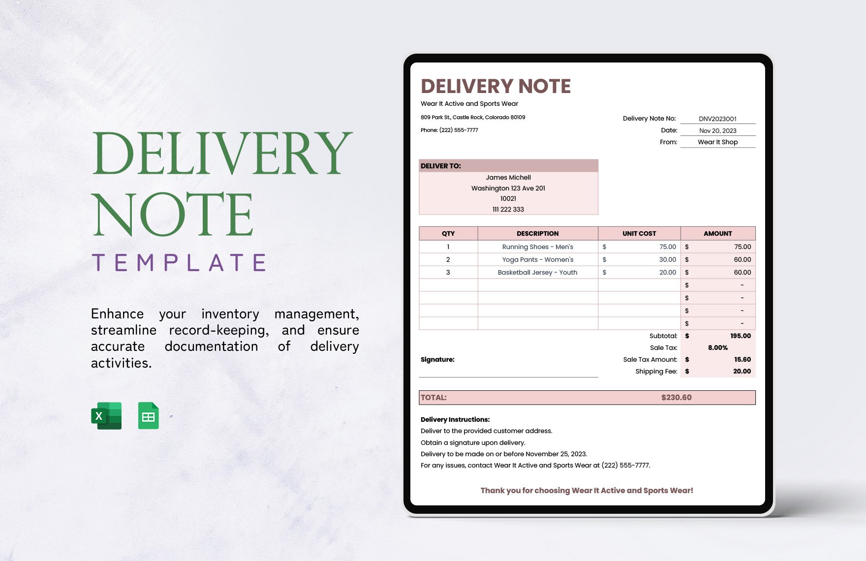 Free Delivery Note Template in Excel, Google Sheets