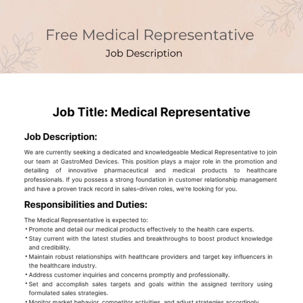 Medical Representative Job Description Template