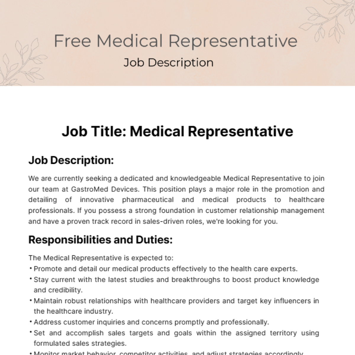 Free Medical Representative Job Description Template To Edit Online