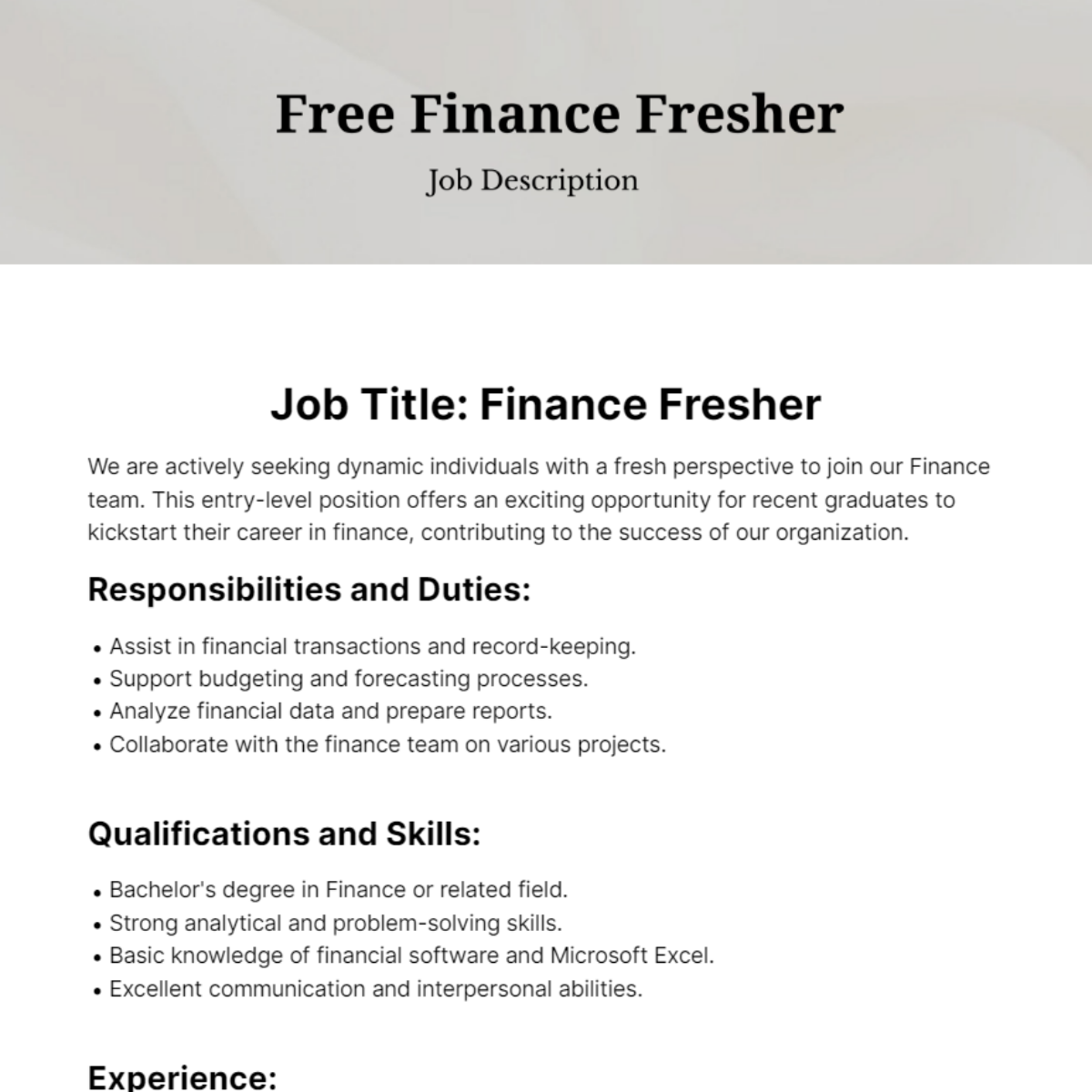 Finance Fresher Job Description Template