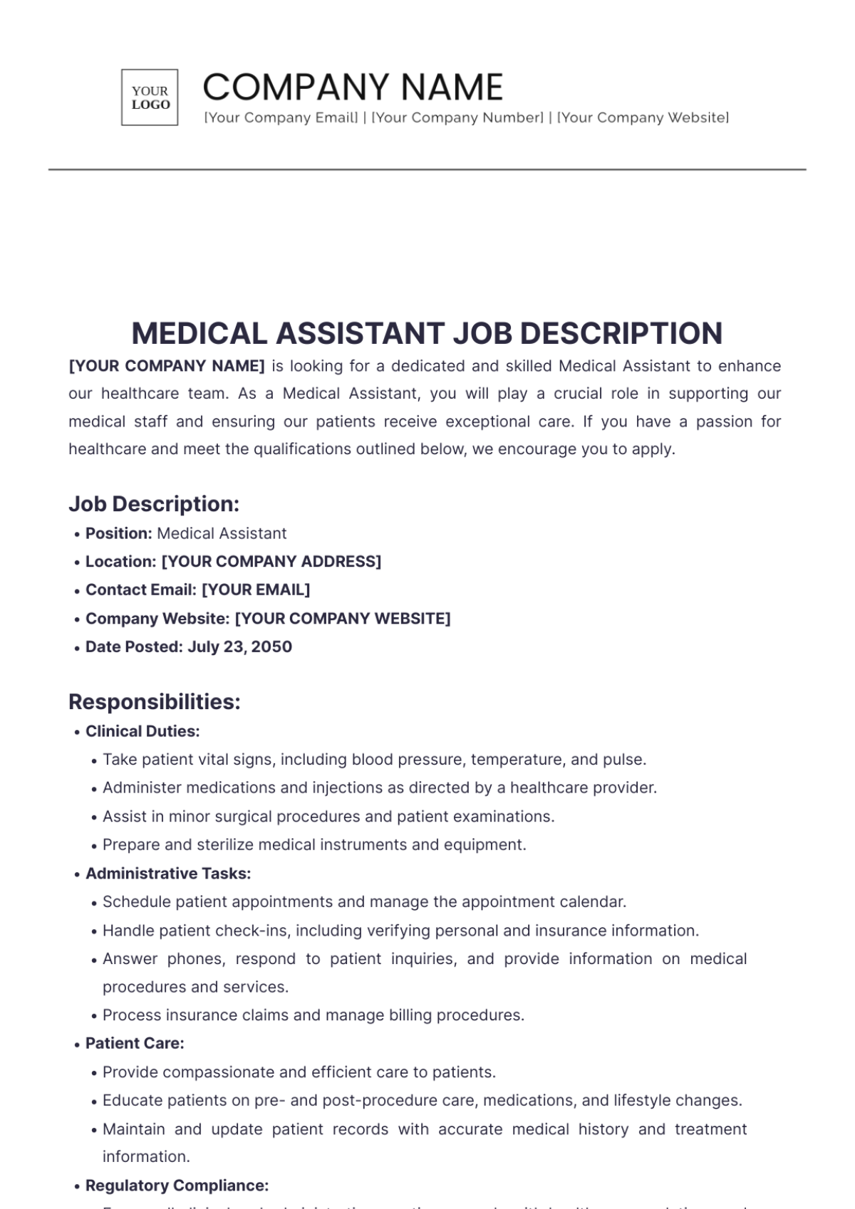 Medical Assistant Job Description Template - Edit Online & Download