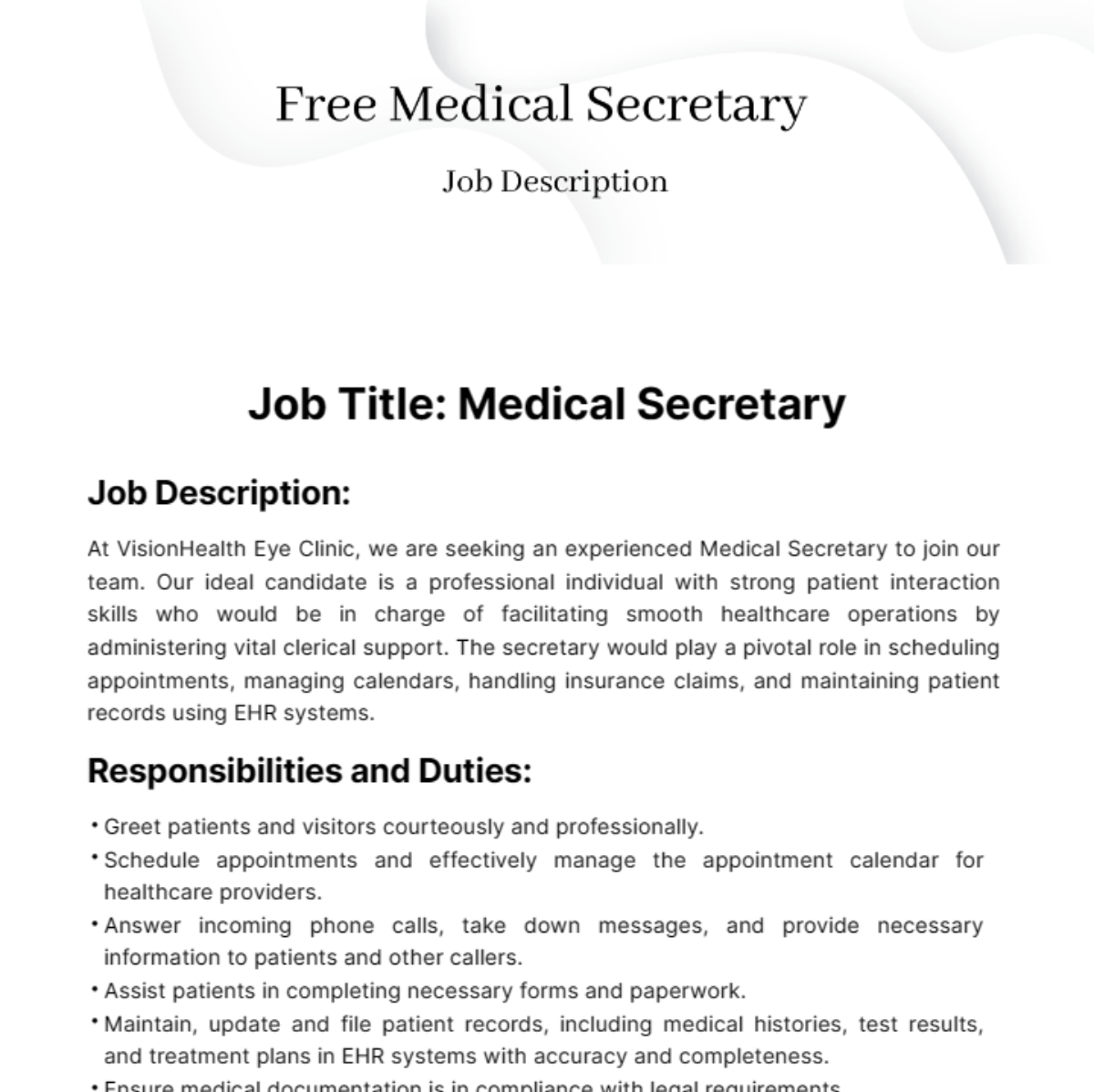 Medical Secretary Job Description Template